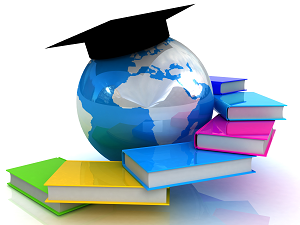 graduation cap on globe with multicolored books